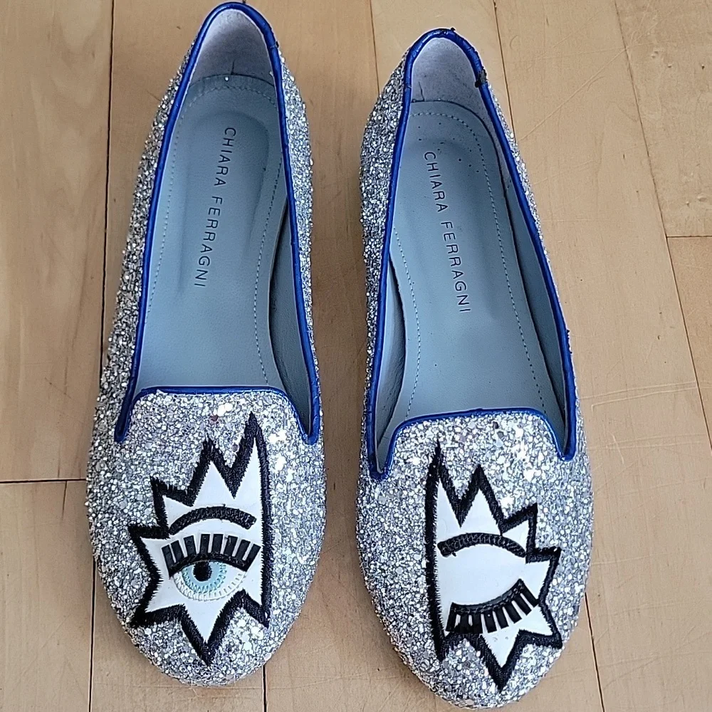 Chiara Ferragni Silver Glitter Flirting Eye Eyelash Flat Loafers - 36